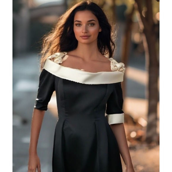 Victor Costa Dresses & Skirts - 80s Victor Costa Nahdree Evening Dress Size 8 Black White Flower Off Shoulder